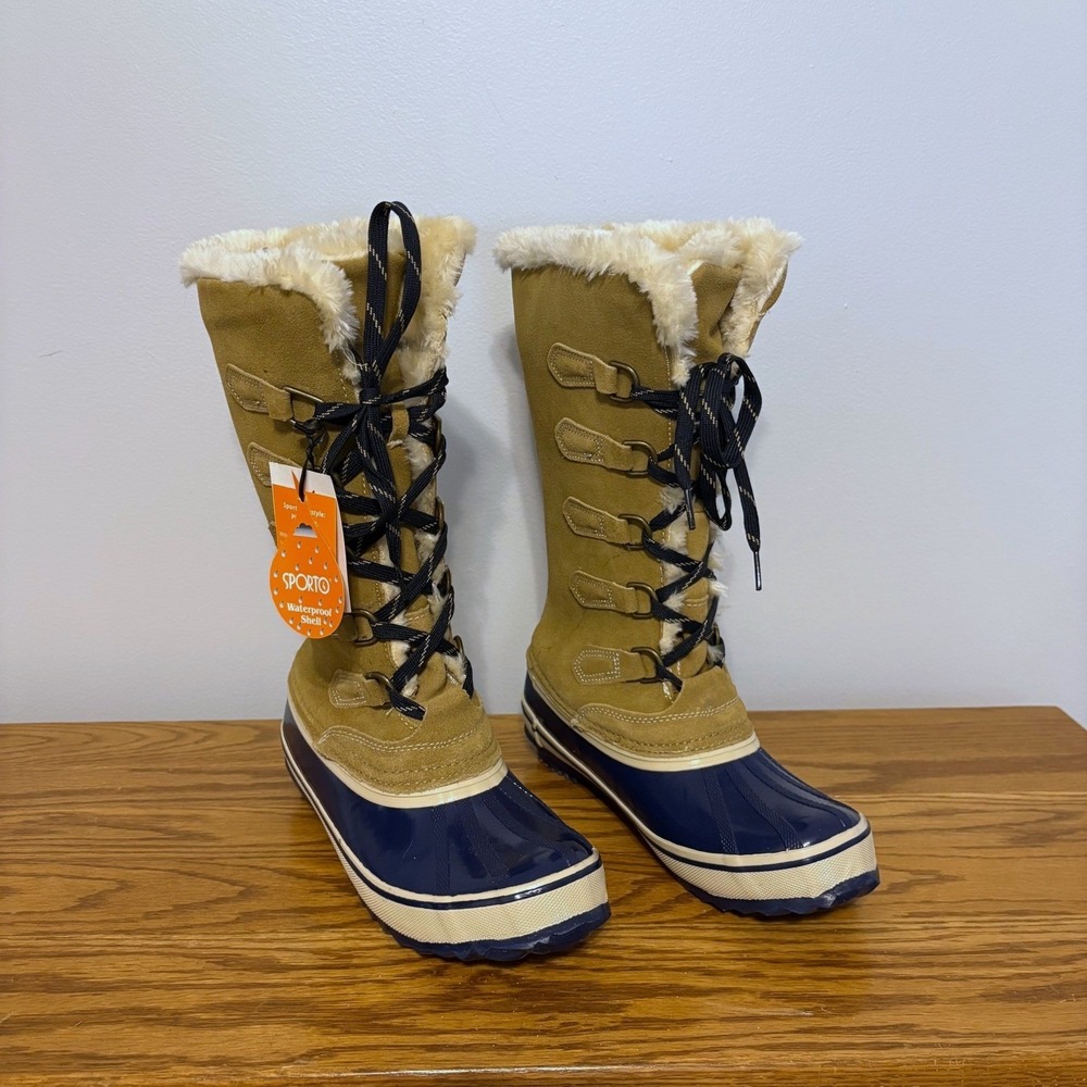 Sporto Blake Womens Waterproof‎ Winter Boots Tan Navy Leather Faux Fur NO BOX